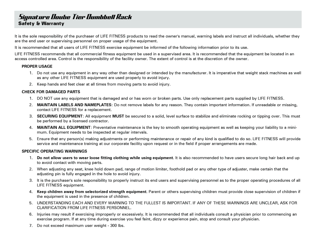 Life Fitness SDR2 owner manual Safety & Warranty, Proper Usage, Check for Damaged Parts, Specific Operating Warnings 