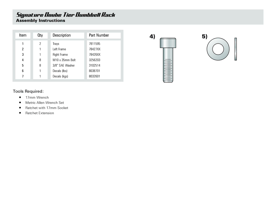 Life Fitness SDR2 owner manual Assembly Instructions, Qty Description Part Number 