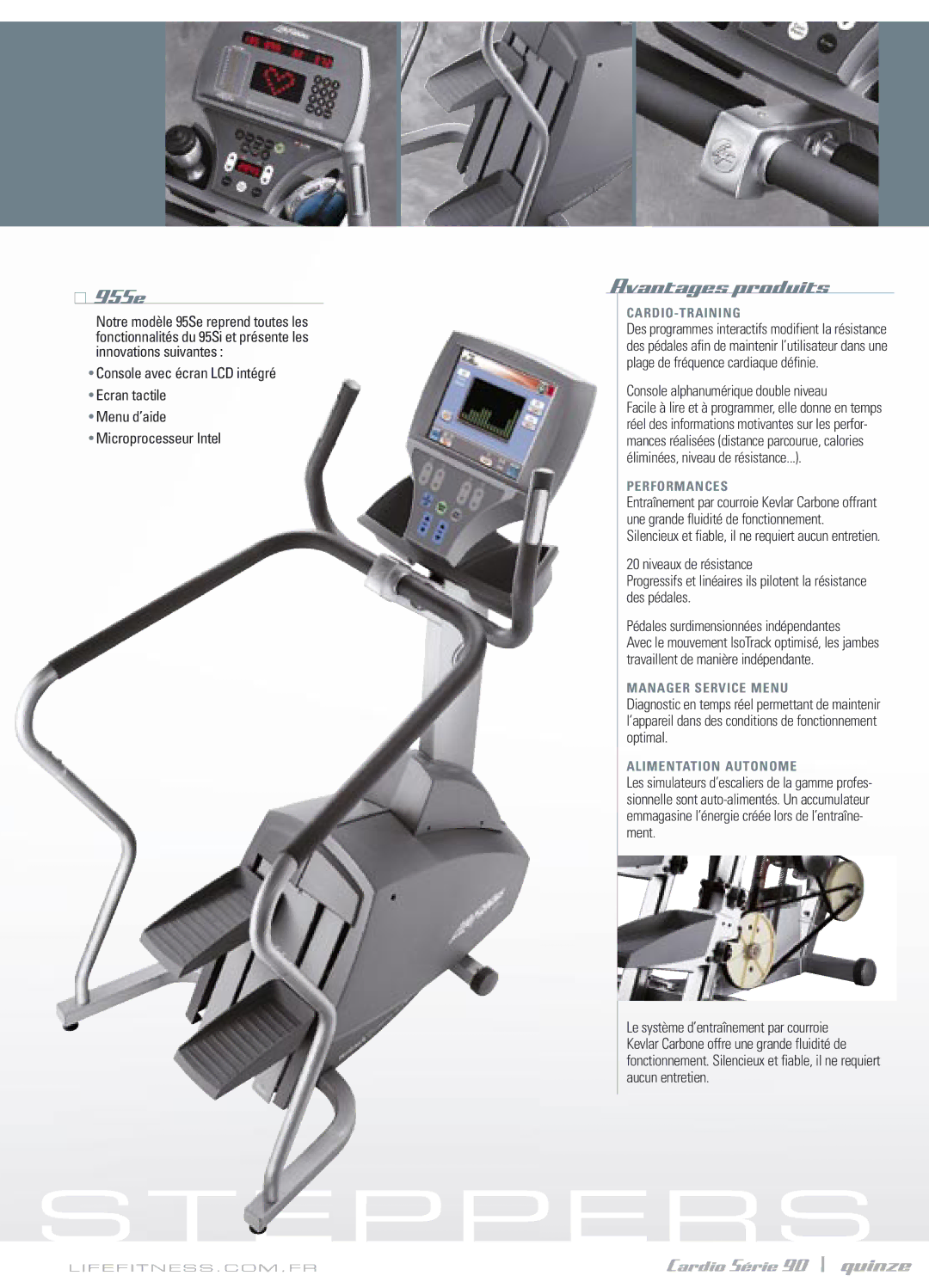 Life Fitness Series 90 manual Cardio Série 90 \ quinze, Console alphanumérique double niveau 