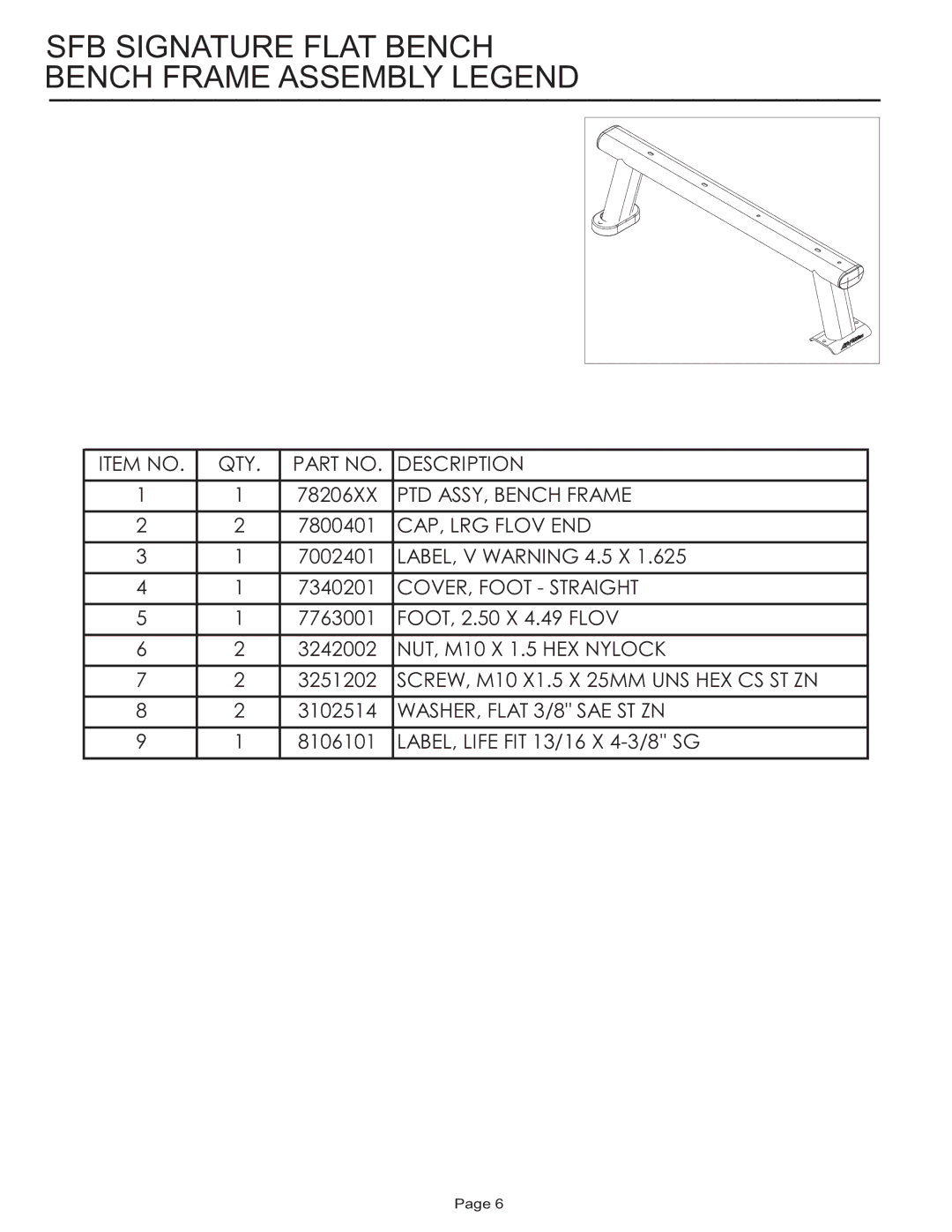 Life Fitness manual SFB Signature Flat Bench Bench Frame Assembly Legend 