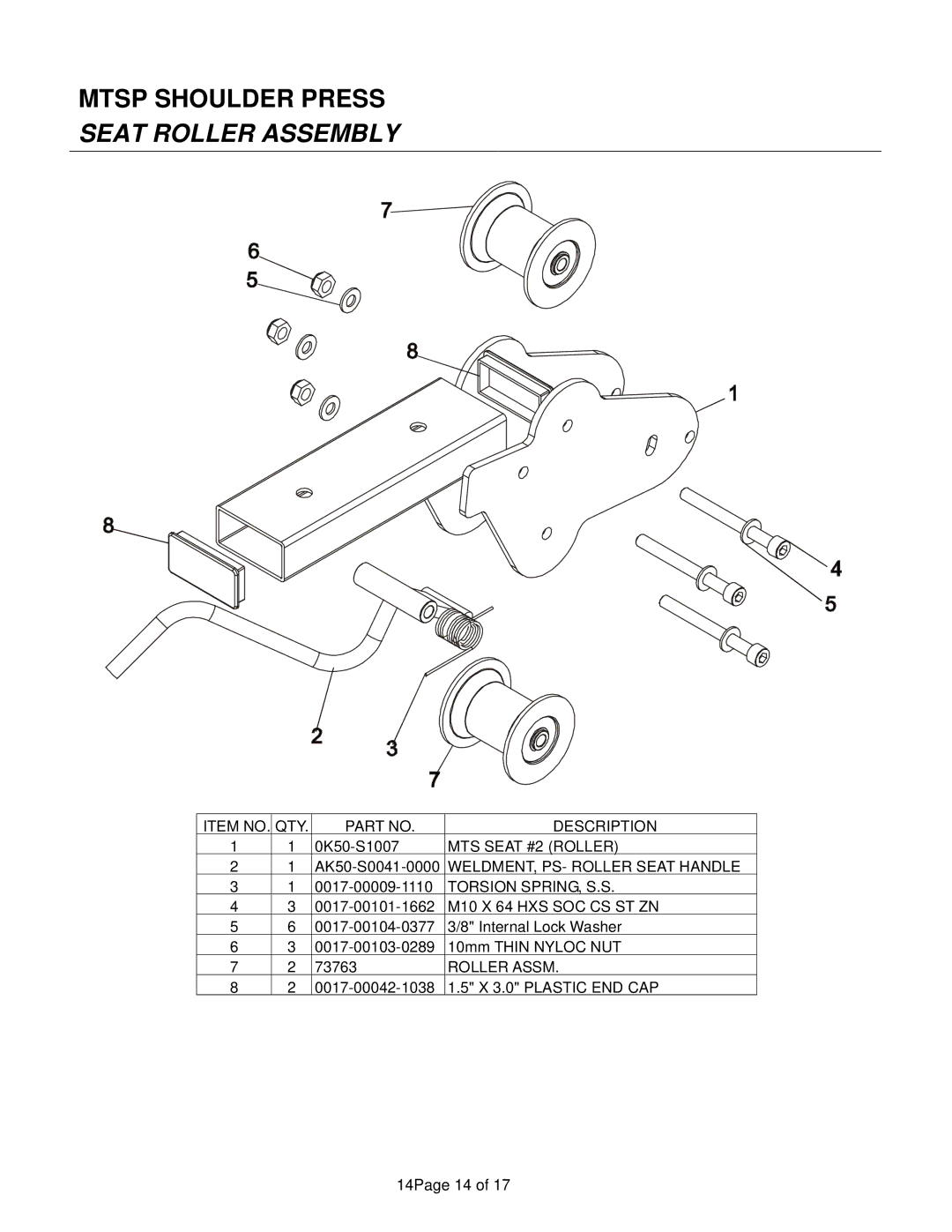 Life Fitness Shoulder Press manual Seat Roller Assembly 