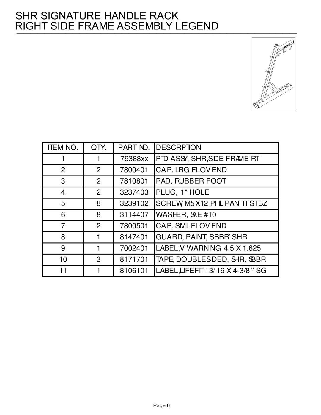 Life Fitness manual SHR Signature Handle Rack Right Side Frame Assembly Legend 