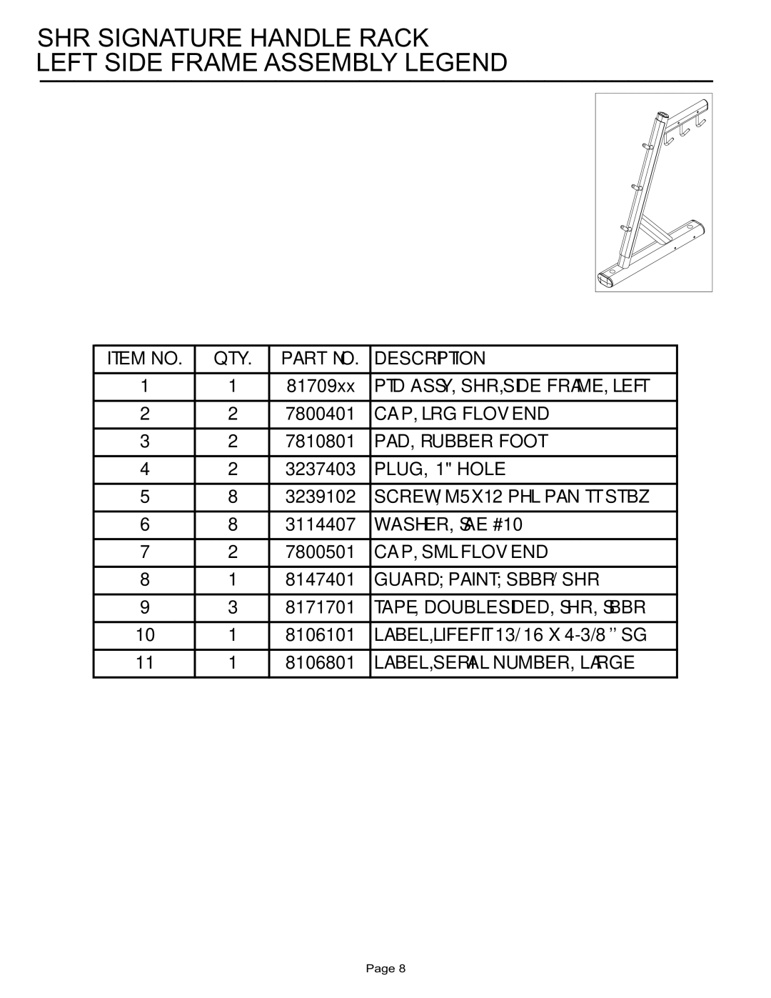 Life Fitness manual SHR Signature Handle Rack Left Side Frame Assembly Legend 