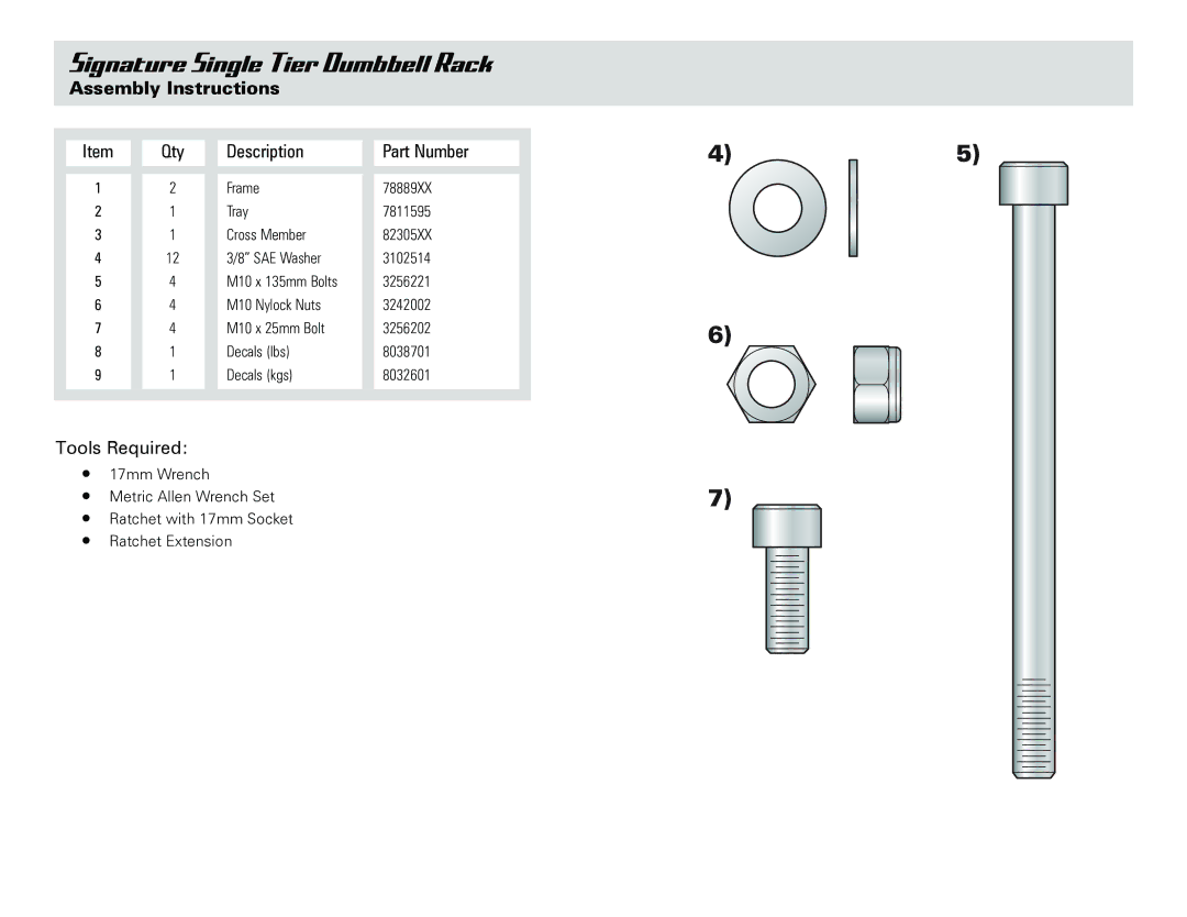 Life Fitness Single Tier Dumbbell Rack owner manual Assembly Instructions, Qty Description Part Number 