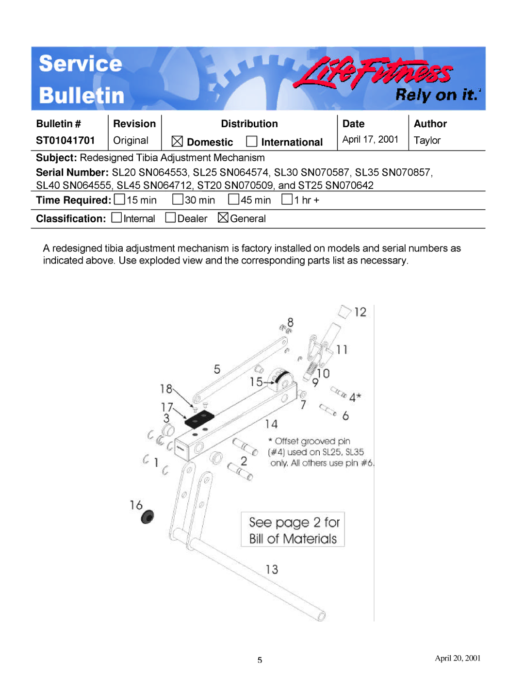 Life Fitness SL20 manual Bulletin # ST01041701 Revision, Distribution Domestic International Date, Author, Time Required 