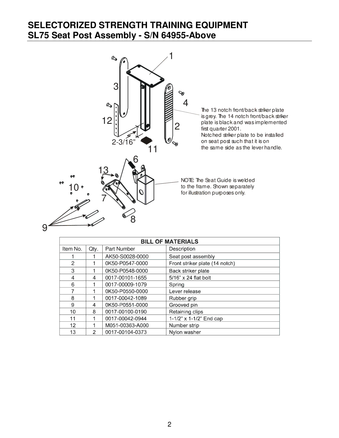 Life Fitness SL75 manual notch front/back striker plate, Plate is black and was implemented, First quarter 