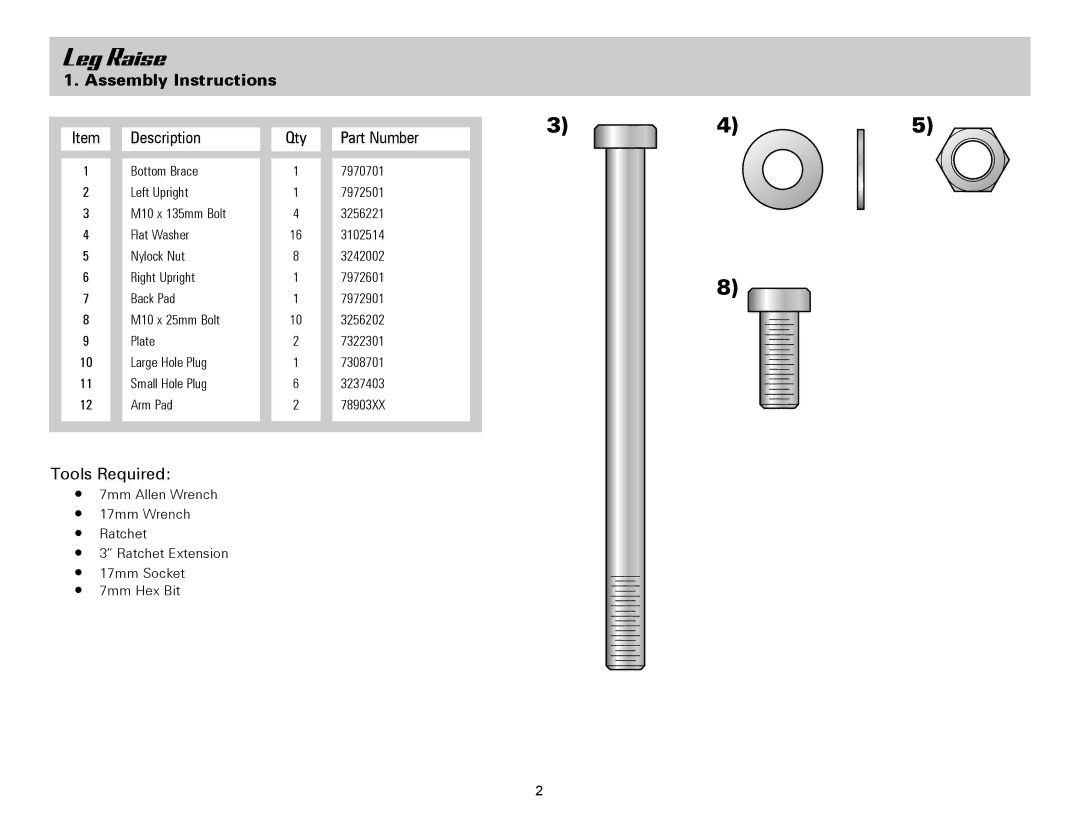 Life Fitness SLR owner manual Leg Raise, Assembly Instructions 