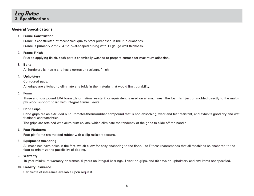 Life Fitness SLR owner manual Specifications General Specifications, Frame Construction 