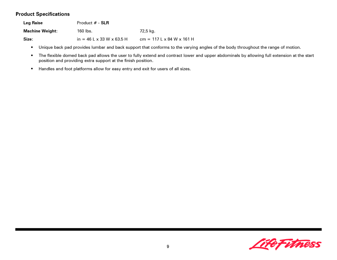 Life Fitness SLR owner manual Product Specifications, Size 