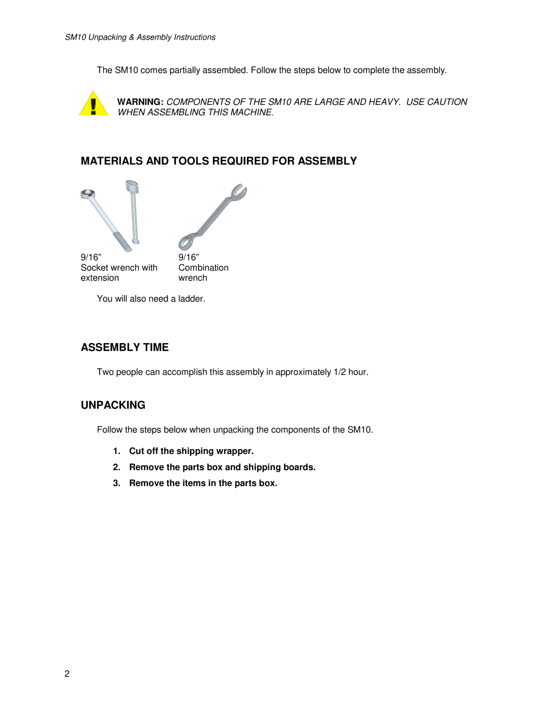 Life Fitness SM10 manual Materials and Tools Required for Assembly, Assembly Time, Unpacking 