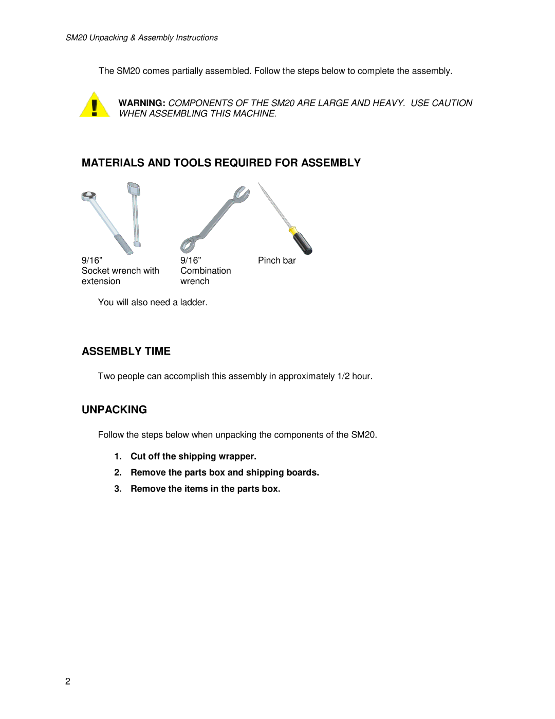 Life Fitness SM20, Pro 9000 Series manual Materials and Tools Required for Assembly, Assembly Time, Unpacking 