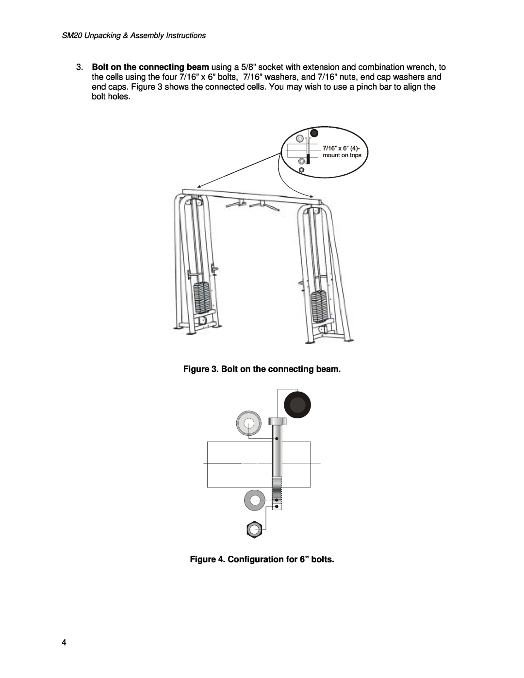 Life Fitness manual Bolt on the connecting beam, Configuration for 6” bolts, SM20 Unpacking & Assembly Instructions 