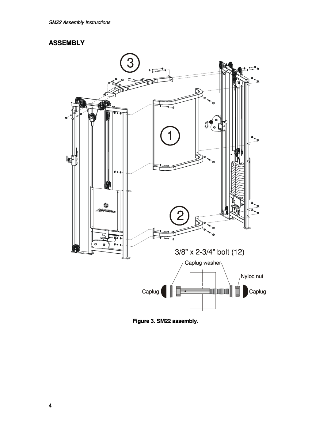 Life Fitness manual Assembly, SM22 assembly, 3/8” x 2-3/4” bolt, Caplug washer Nyloc nut Caplug 