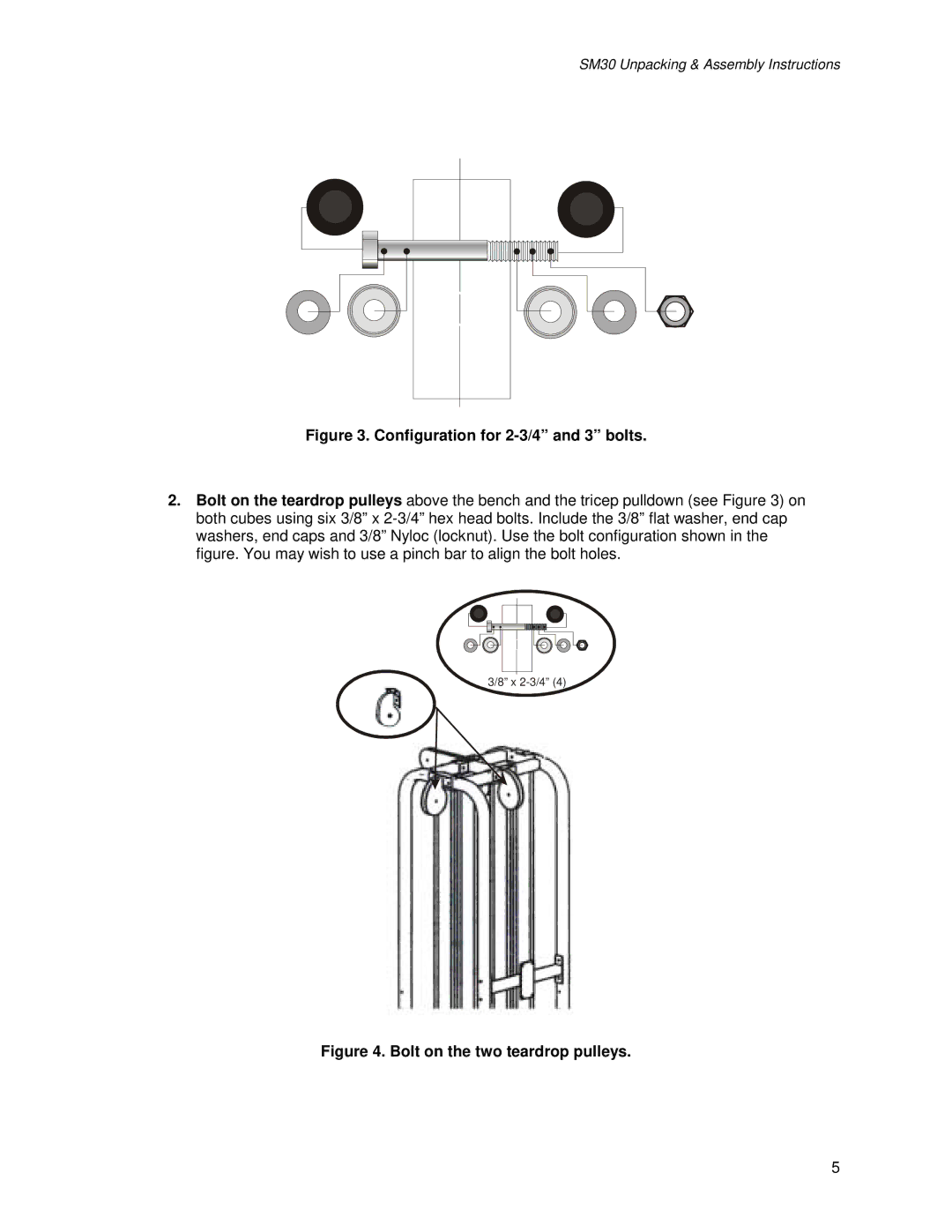 Life Fitness SM30 manual Configuration for 2-3/4 and 3 bolts 