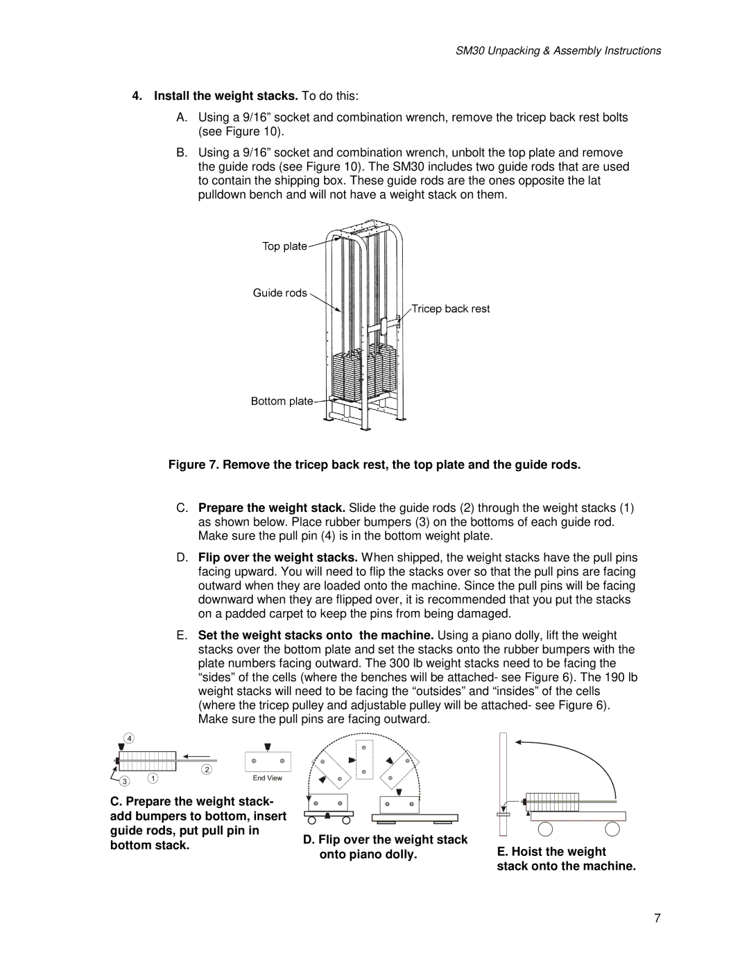 Life Fitness SM30 manual Install the weight stacks. To do this 