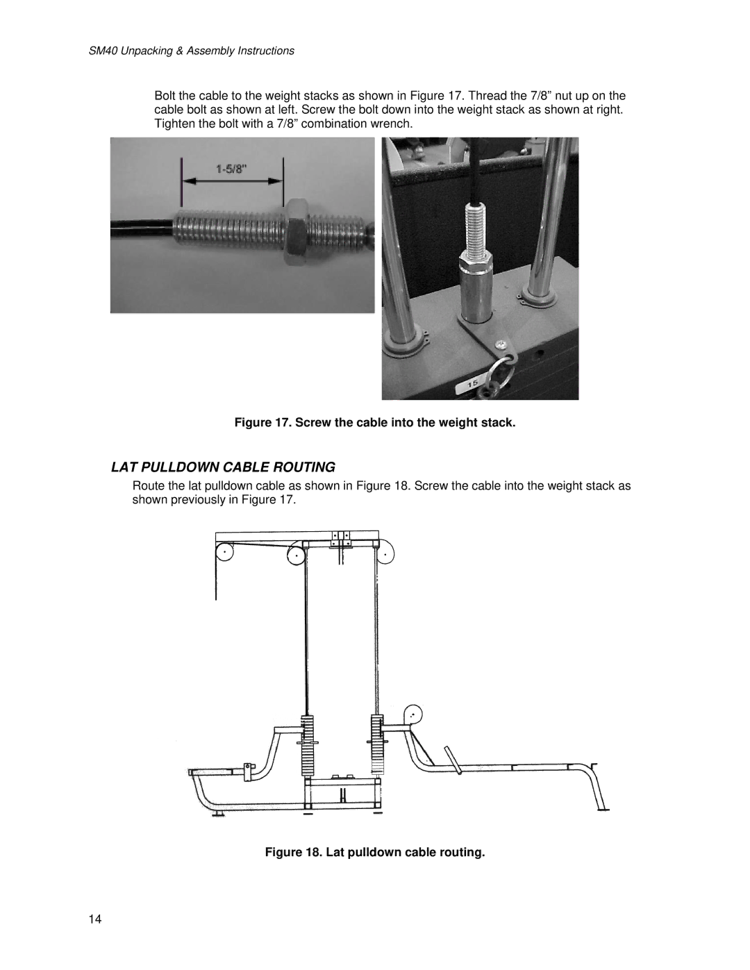 Life Fitness SM40 manual LAT Pulldown Cable Routing, Screw the cable into the weight stack 