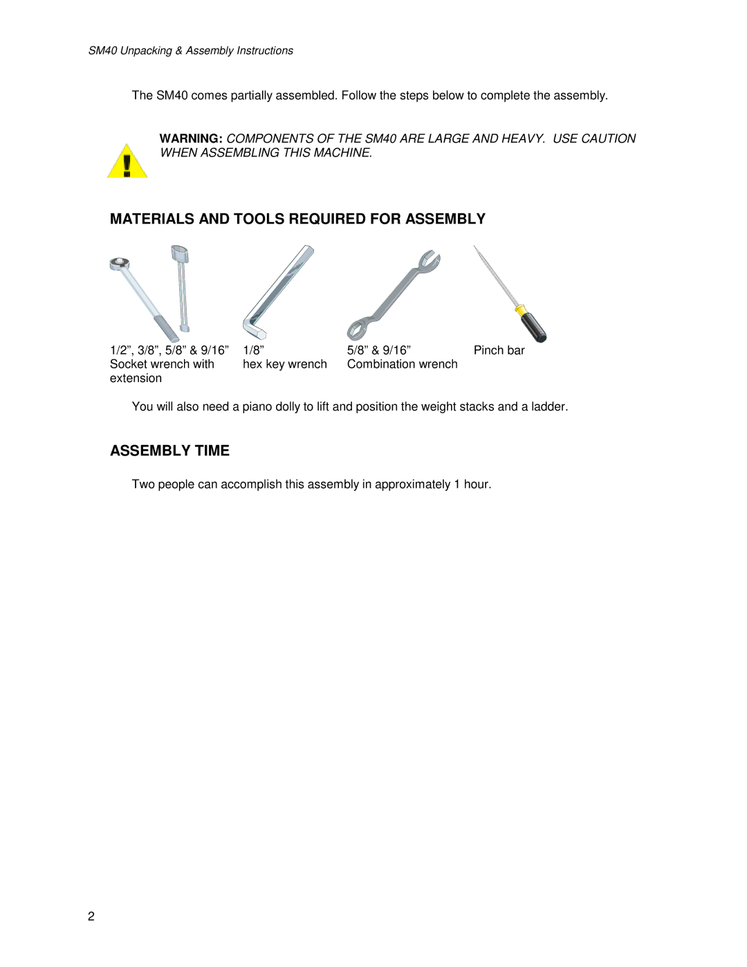 Life Fitness SM40 manual Materials and Tools Required for Assembly, Assembly Time 