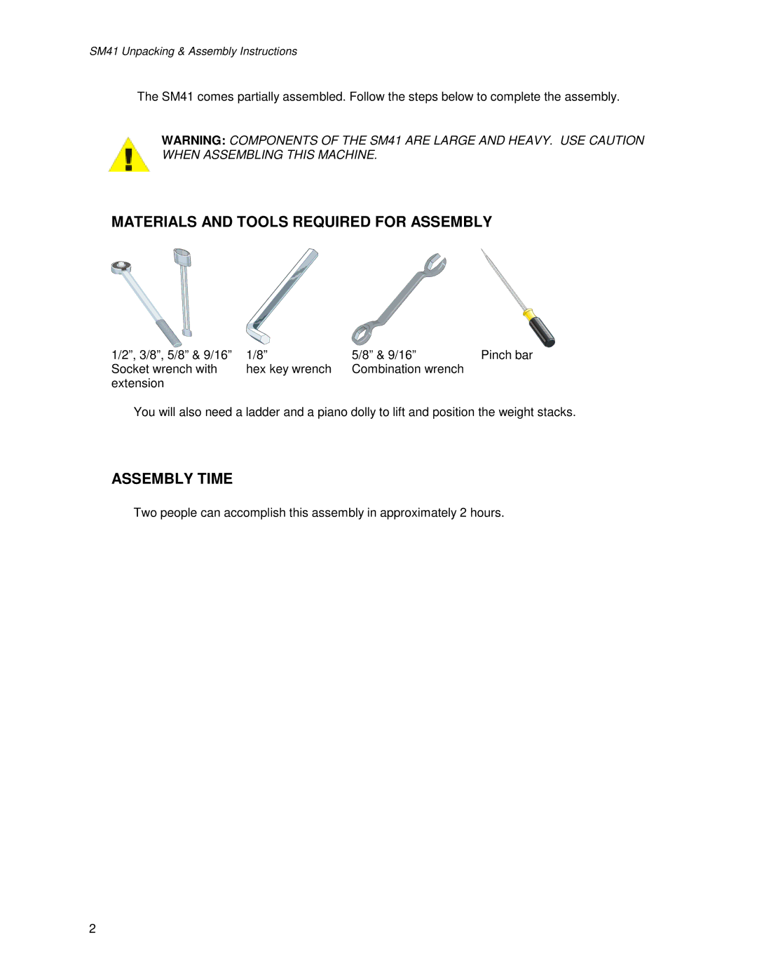 Life Fitness SM41 manual Materials and Tools Required for Assembly, Assembly Time 