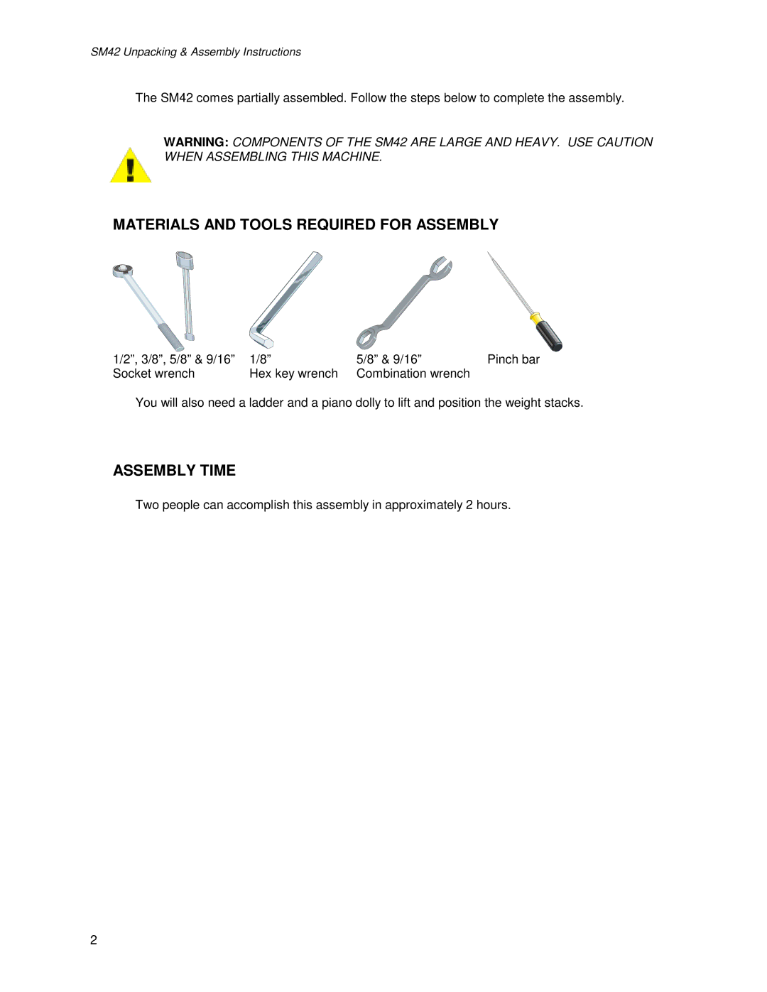 Life Fitness SM42 manual Materials and Tools Required for Assembly, Assembly Time 