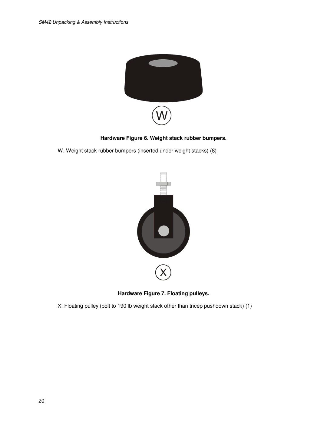 Life Fitness SM42 manual Hardware . Weight stack rubber bumpers, Hardware . Floating pulleys 