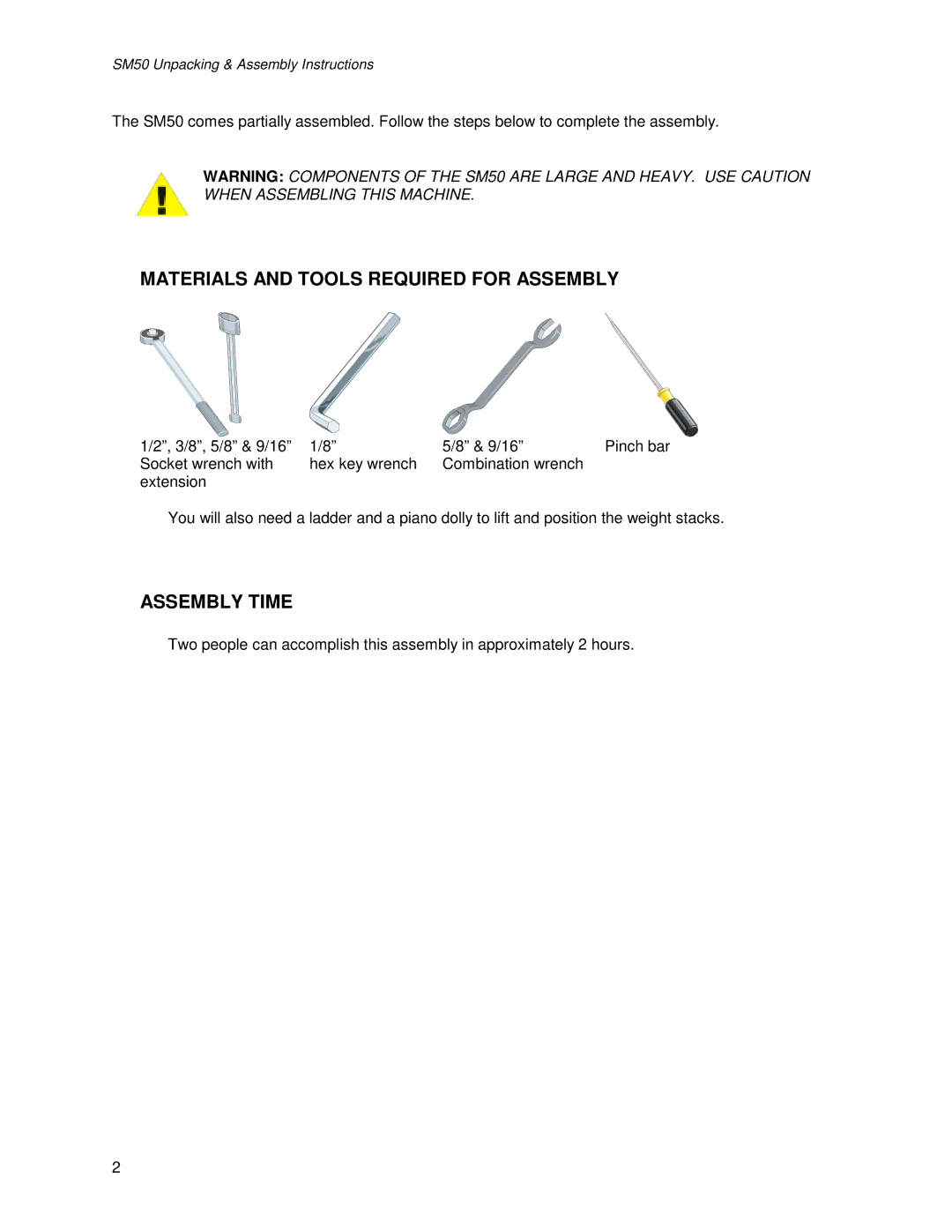 Life Fitness SM50 manual Materials and Tools Required for Assembly, Assembly Time 