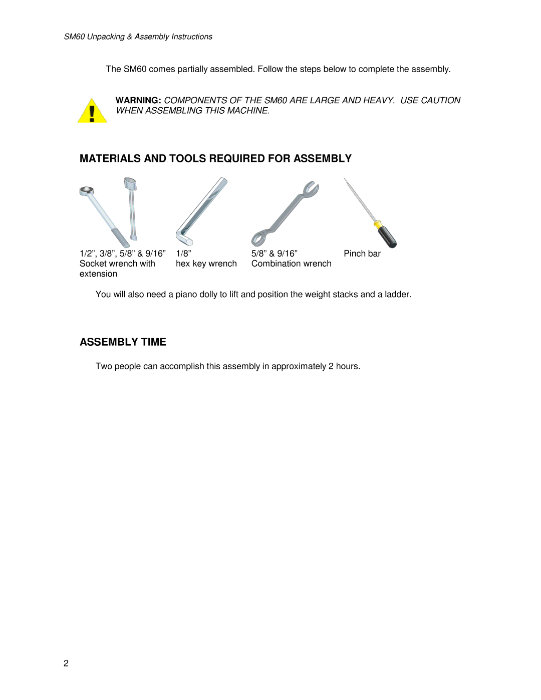 Life Fitness SM60 manual Materials and Tools Required for Assembly, Assembly Time 