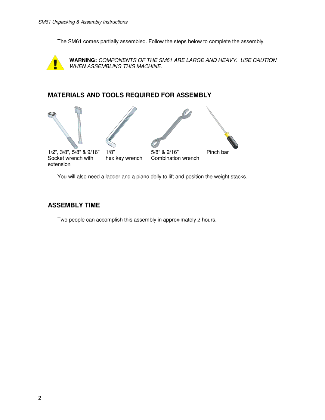 Life Fitness SM61 manual Materials and Tools Required for Assembly, Assembly Time 