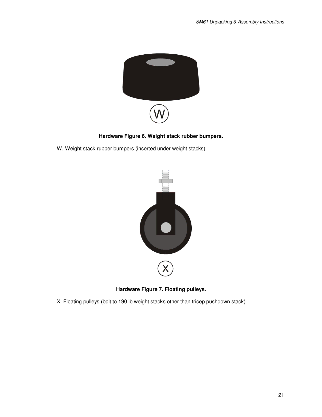 Life Fitness SM61 manual Hardware . Weight stack rubber bumpers, Hardware . Floating pulleys 