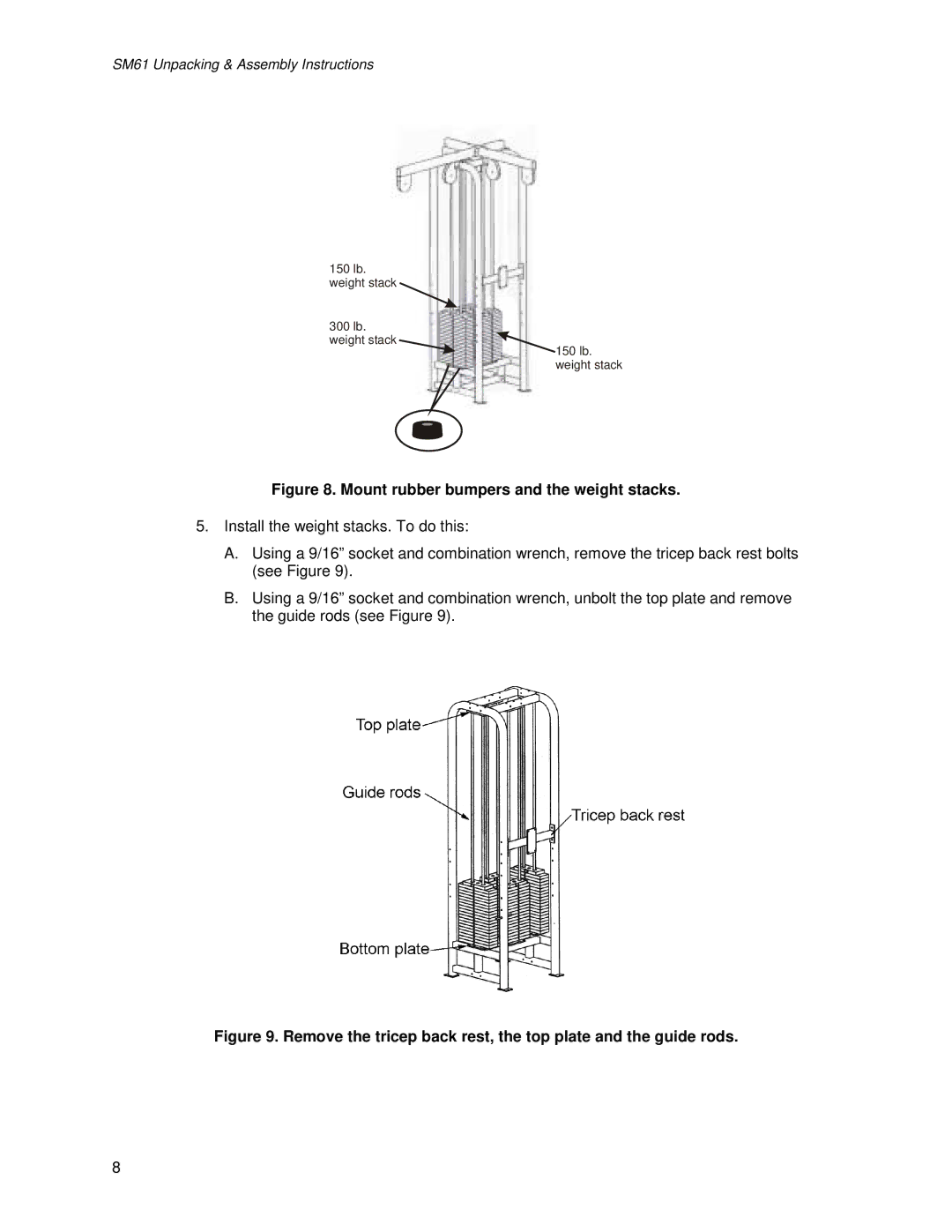 Life Fitness SM61 manual Mount rubber bumpers and the weight stacks 