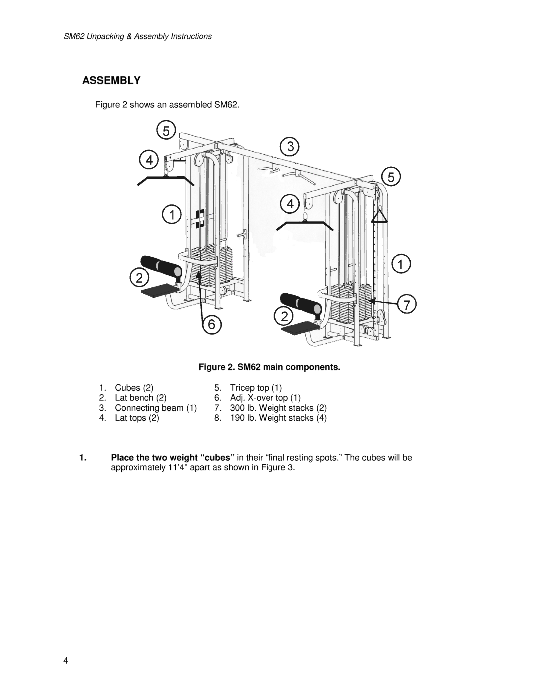 Life Fitness manual Assembly, SM62 main components 