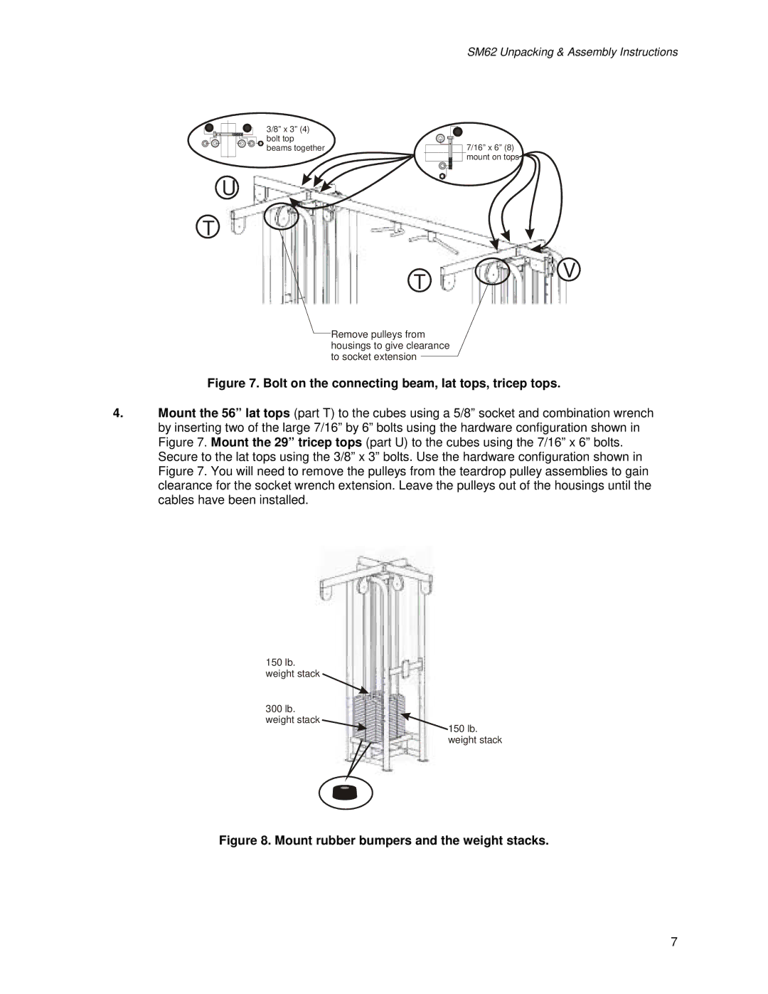 Life Fitness SM62 manual Bolt on the connecting beam, lat tops, tricep tops 