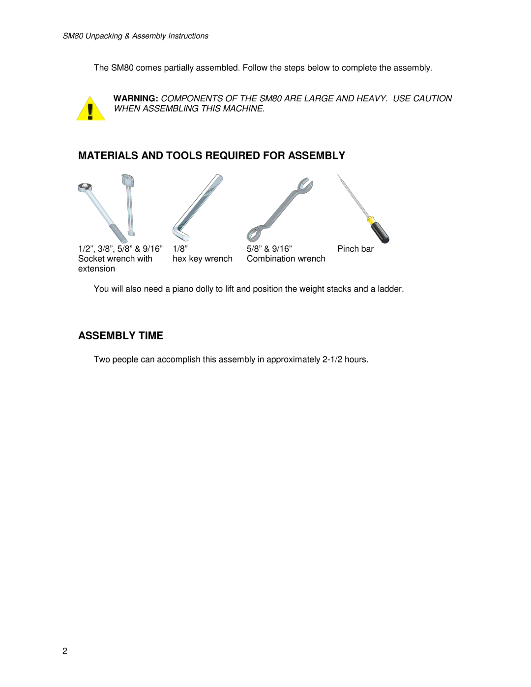 Life Fitness SM80 manual Materials and Tools Required for Assembly, Assembly Time 