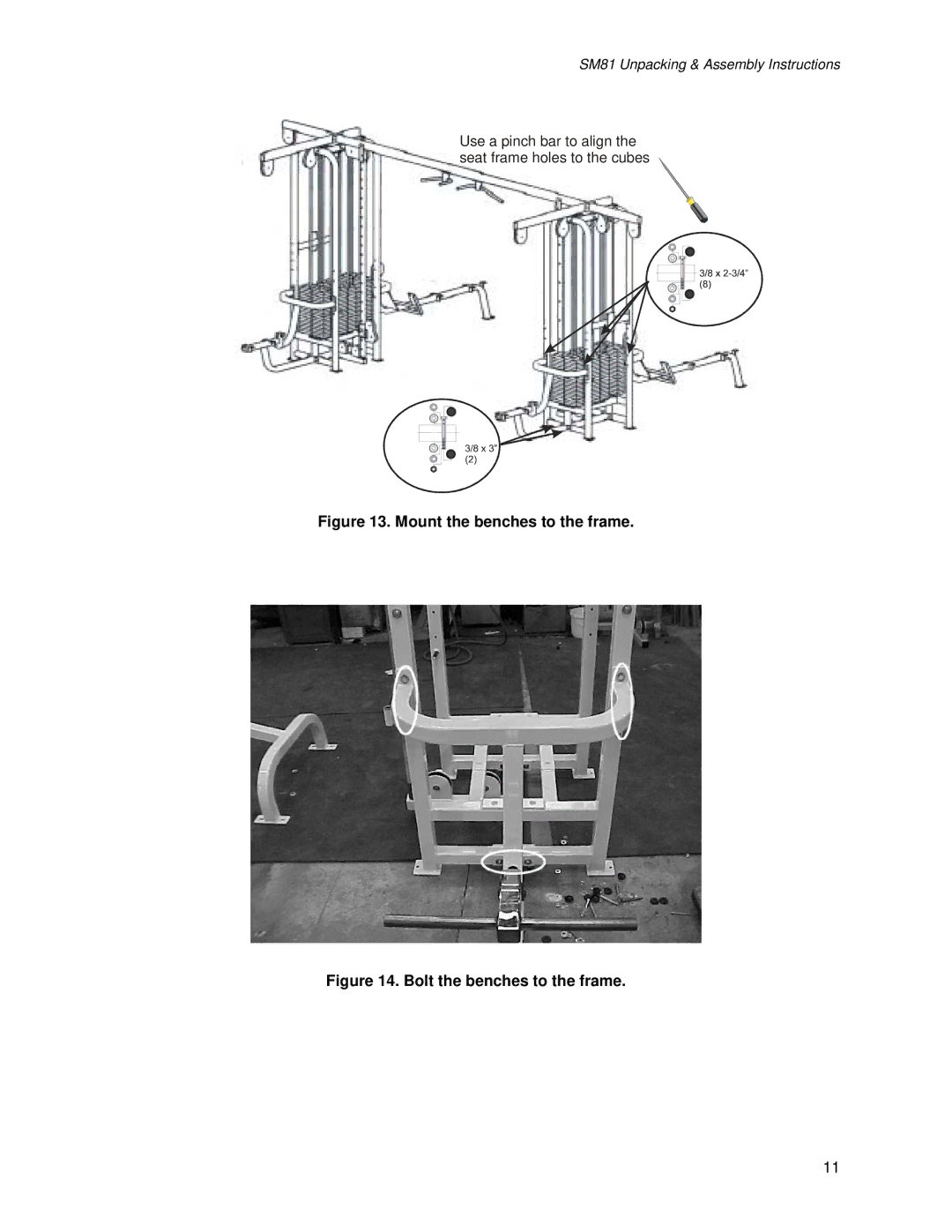 Life Fitness SM81 manual Mount the benches to the frame 