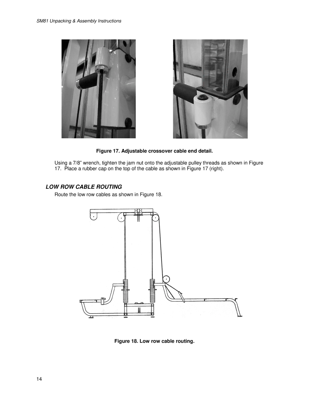 Life Fitness SM81 manual LOW ROW Cable Routing, Adjustable crossover cable end detail 