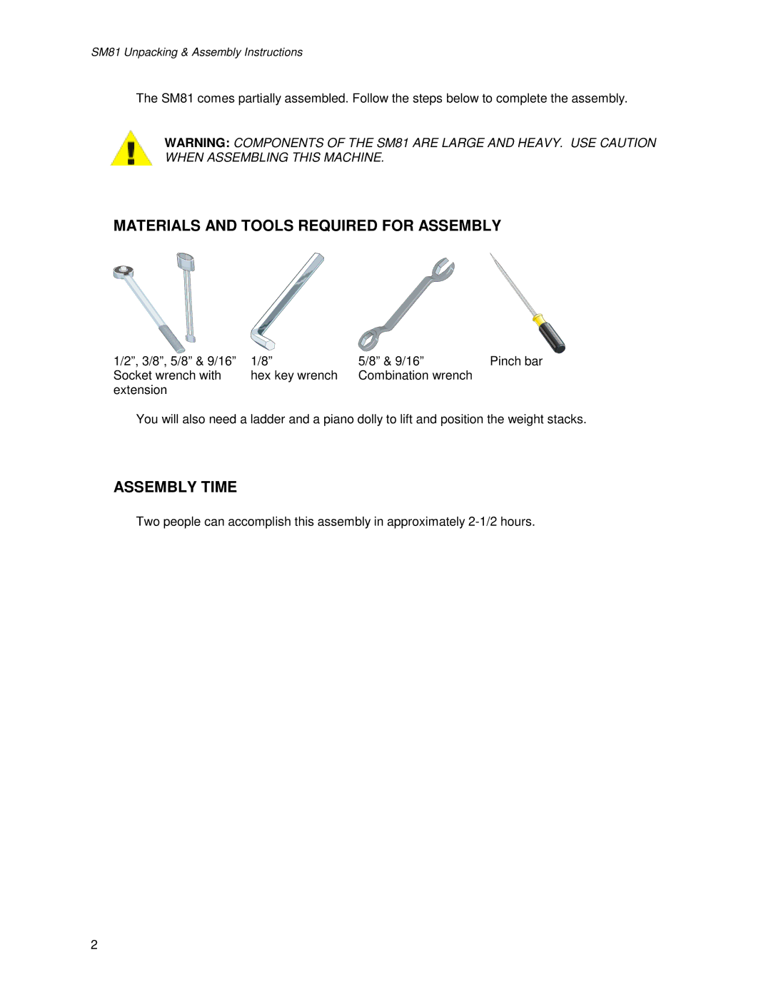 Life Fitness SM81 manual Materials and Tools Required for Assembly, Assembly Time 