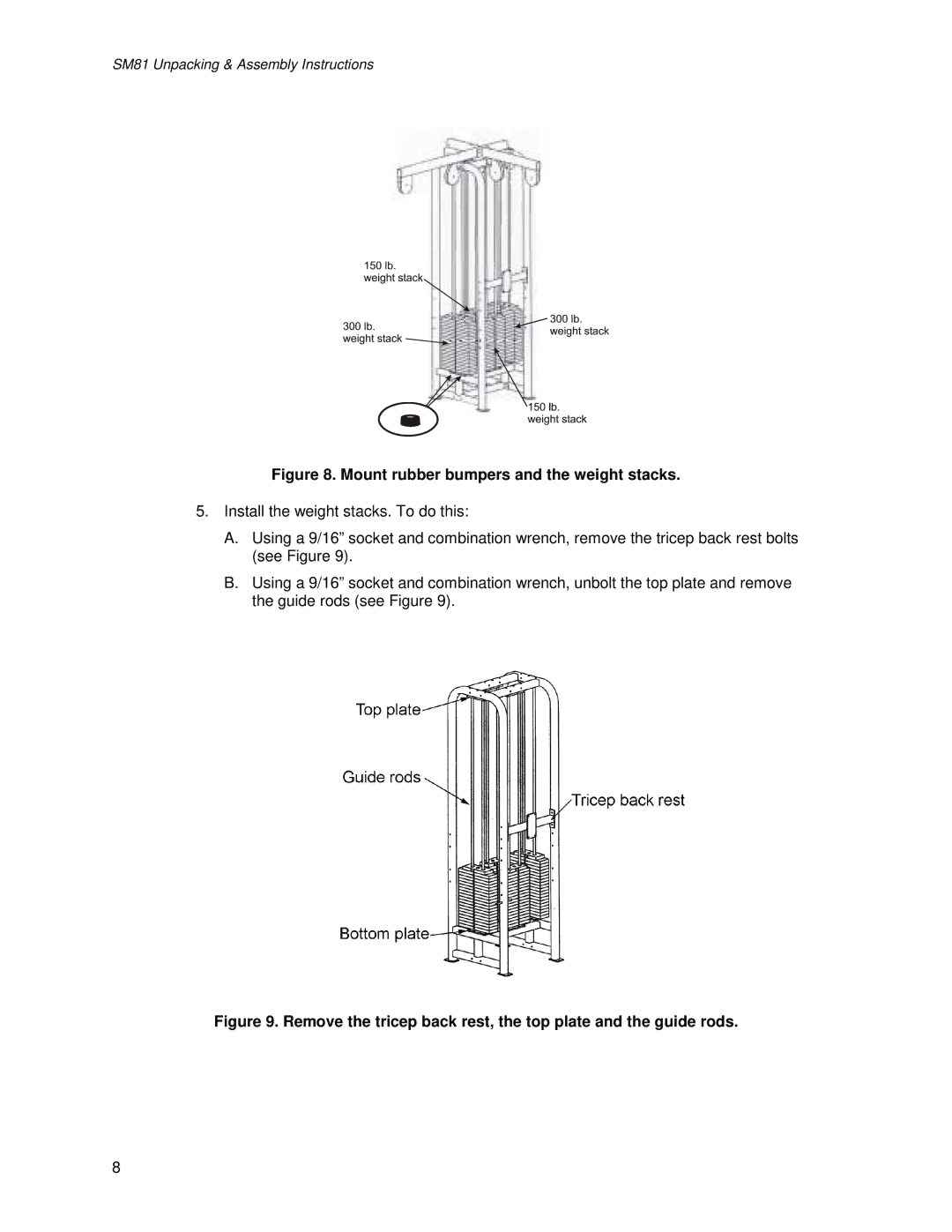 Life Fitness SM81 manual Mount rubber bumpers and the weight stacks 