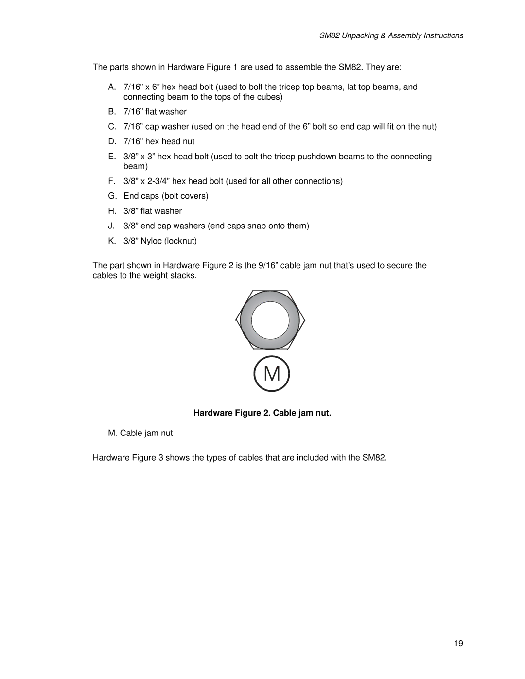 Life Fitness SM82 manual Hardware . Cable jam nut 