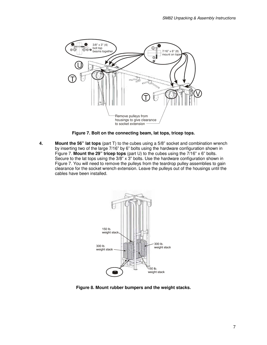 Life Fitness SM82 manual Bolt on the connecting beam, lat tops, tricep tops 