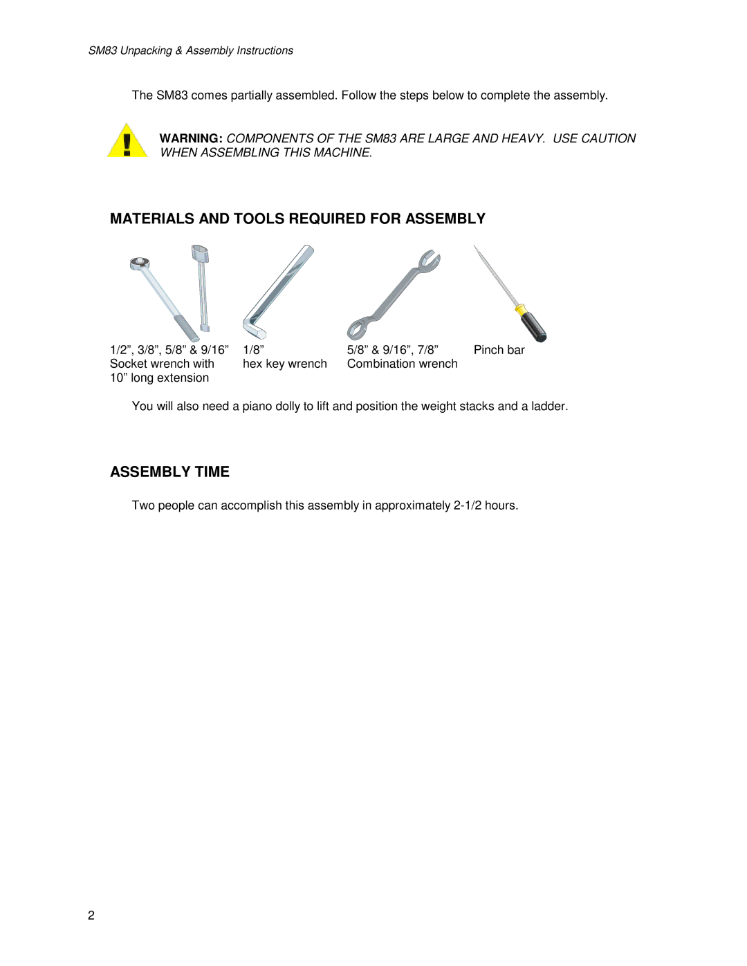 Life Fitness SM83 manual Materials and Tools Required for Assembly, Assembly Time 