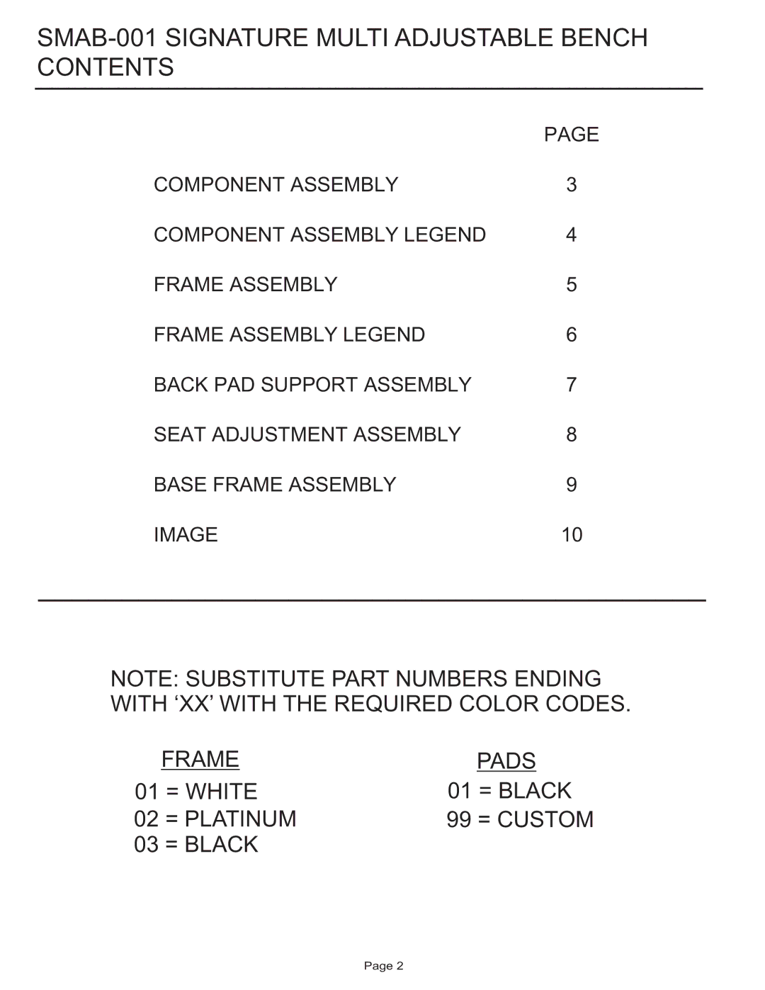 Life Fitness manual SMAB-001 Signature Multi Adjustable Bench Contents 