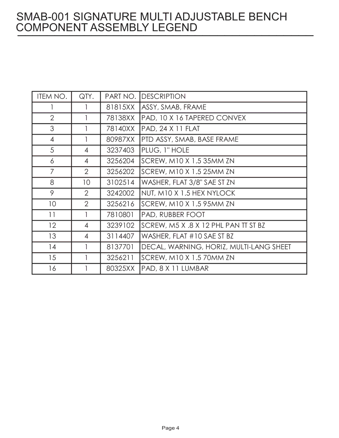 Life Fitness SMAB-001 manual Item no QTY Description 