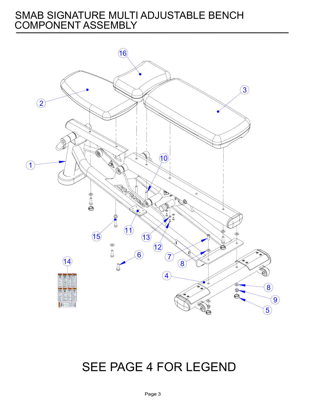 Life Fitness SMAB manual See page 4 for Legend, Smab Signature Multi Adjustable Bench Component Assembly 