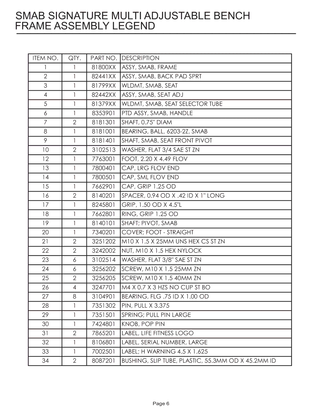 Life Fitness SMAB manual Smab Signature Multi Adjustable Bench Frame Assembly Legend 