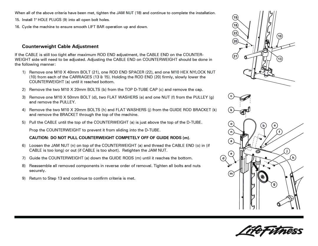 Life Fitness Smith Machine owner manual Counterweight Cable Adjustment 