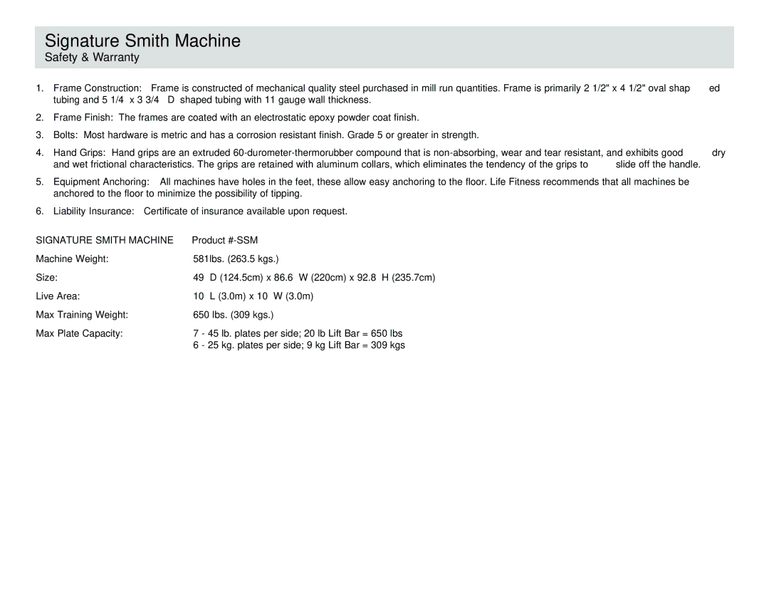 Life Fitness owner manual Signature Smith Machine 