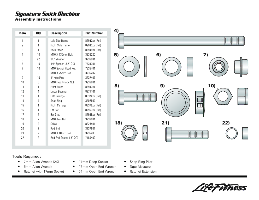 Life Fitness Smith Machine owner manual Assembly Instructions, Qty Description Part Number 