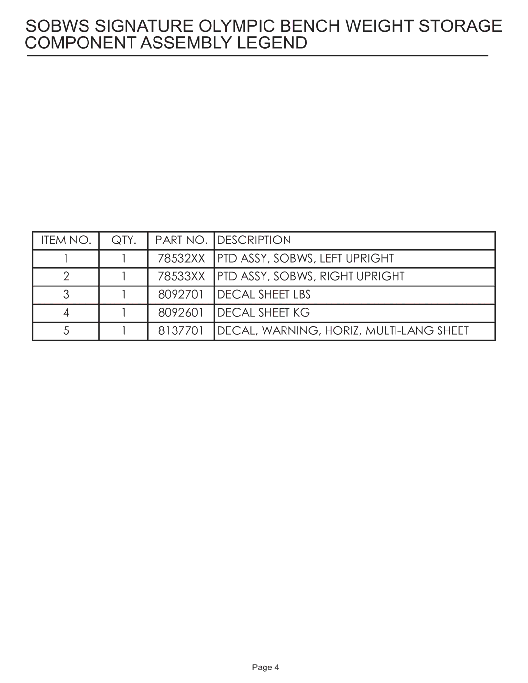 Life Fitness SOBWS manual Item no QTY Description 