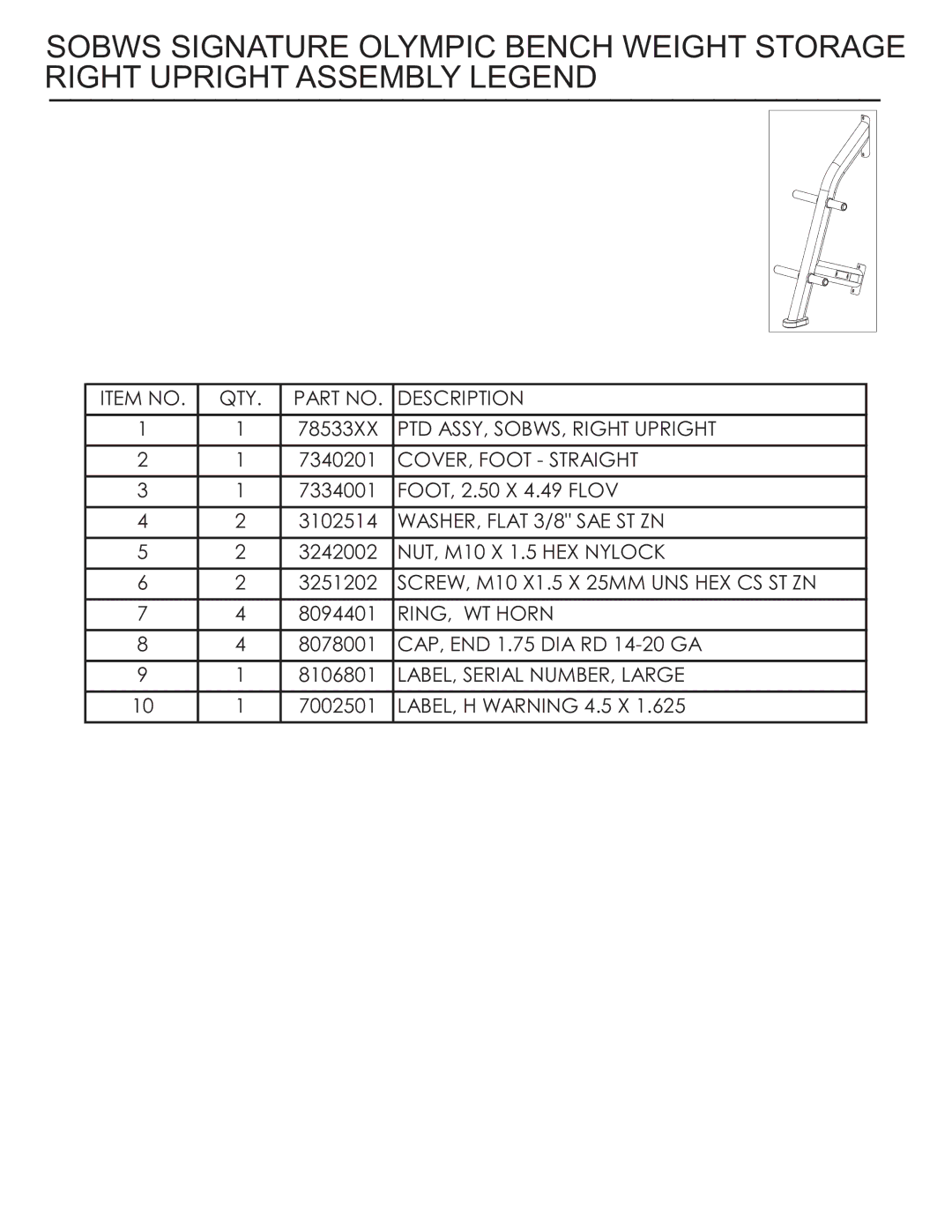 Life Fitness SOBWS manual Item no QTY Description 