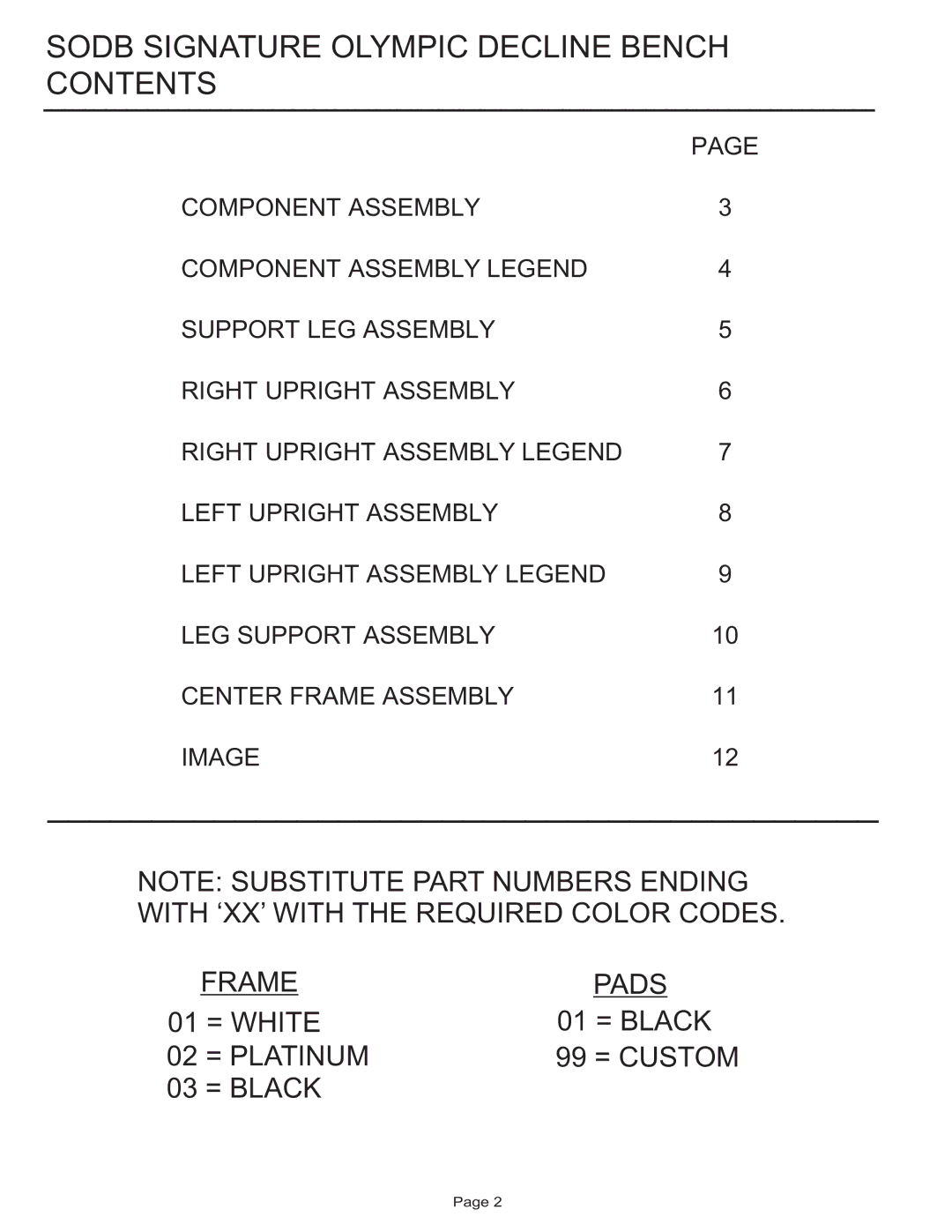 Life Fitness SODB manual Sodb Signature Olympic Decline Bench Contents 