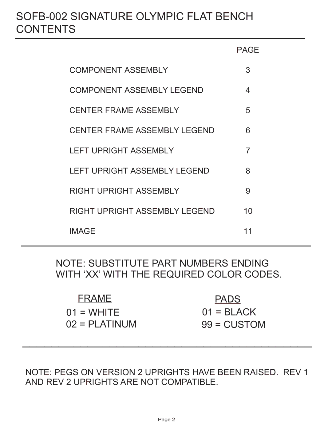 Life Fitness manual SOFB-002 Signature Olympic Flat Bench Contents 